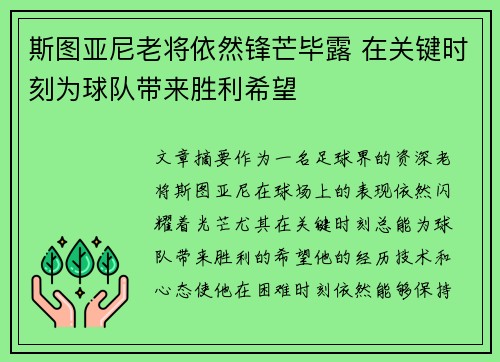 斯图亚尼老将依然锋芒毕露 在关键时刻为球队带来胜利希望 斯图亚尼老将依然锋芒毕露 在关键时刻为球队带来胜利希望
